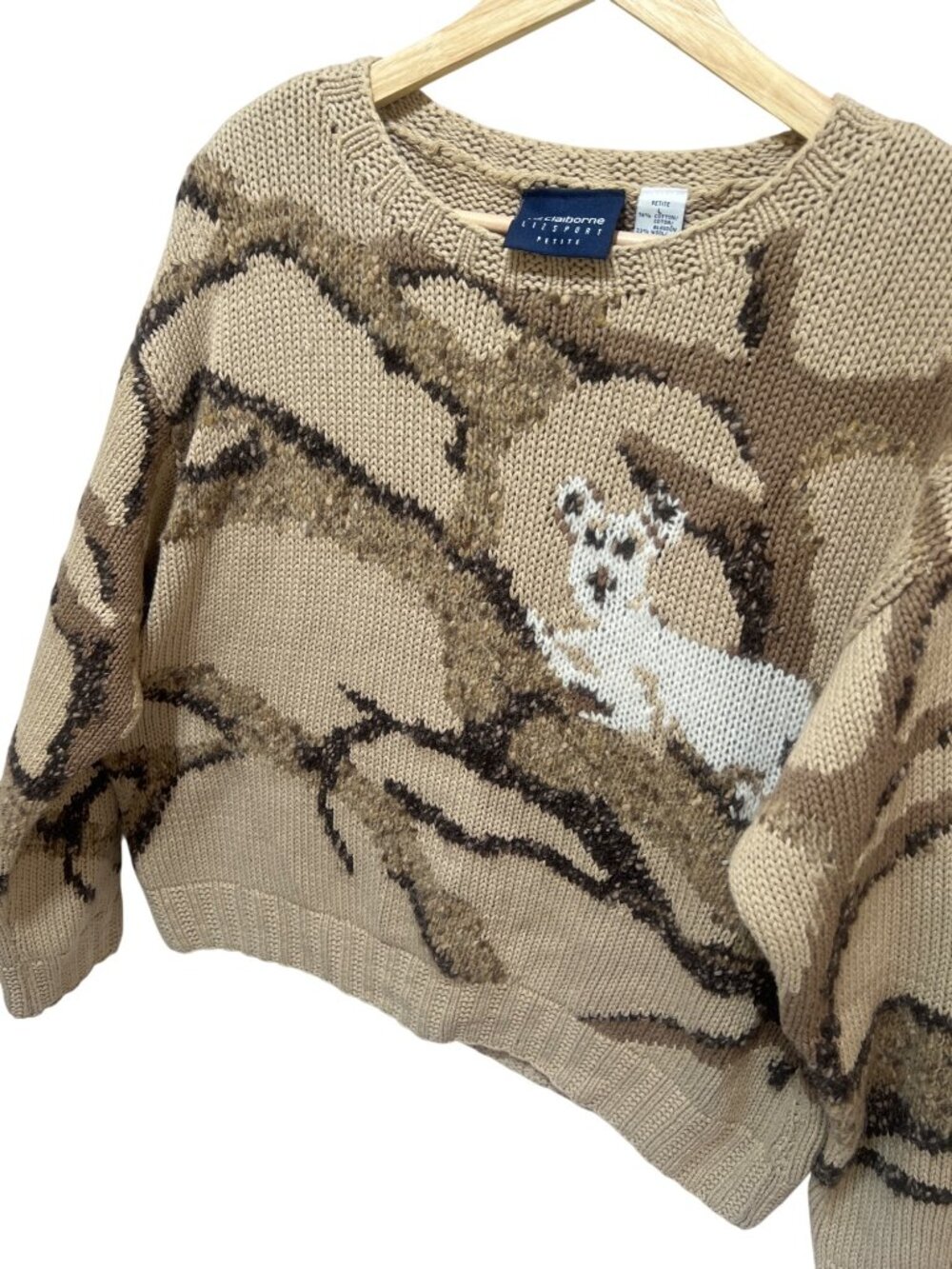 Liz Claiborne Lizsport Petite Sweater Beige Woodland Knit Koala on Branch Cotton